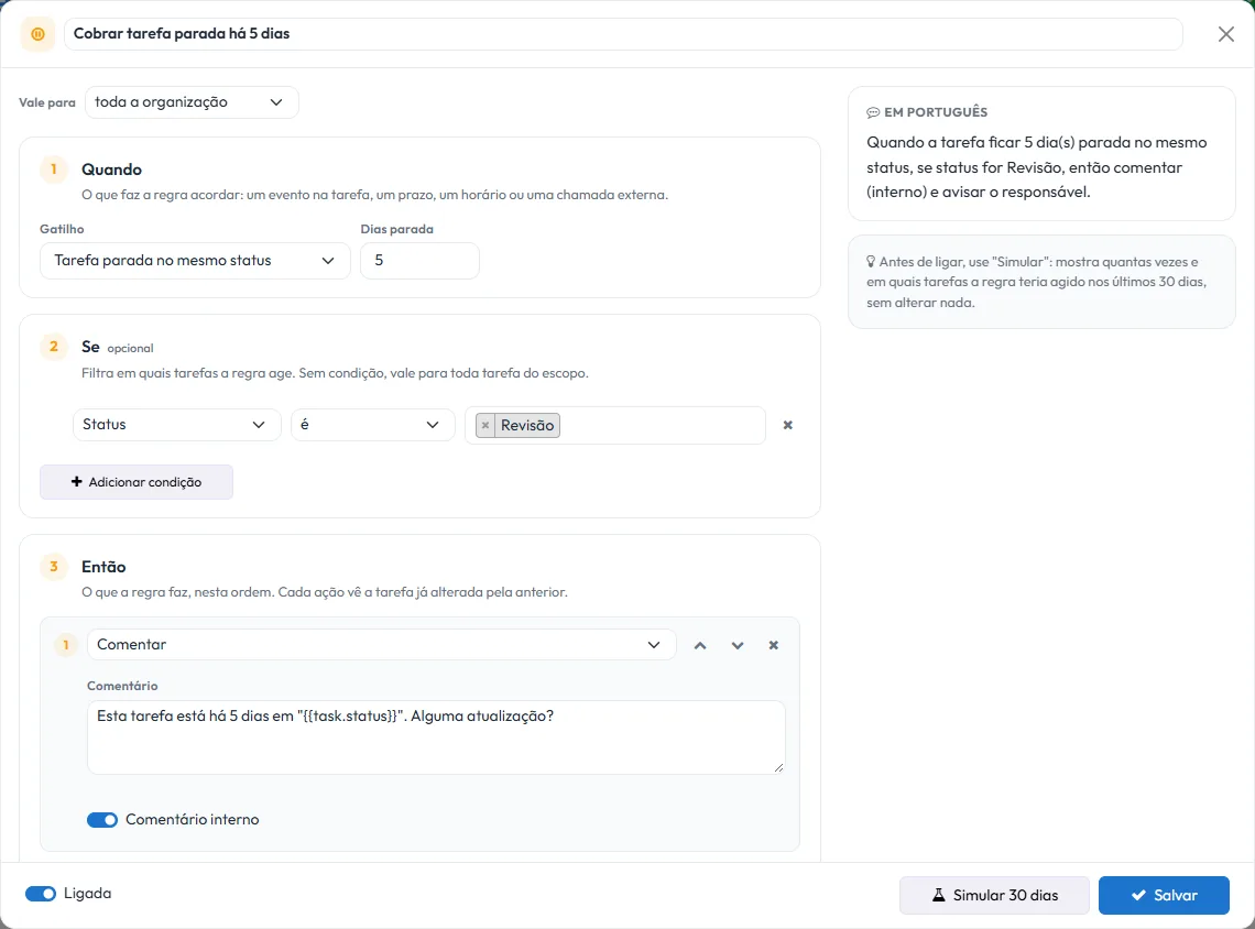 Editor de automatização com os blocos Quando, Se e Então e a frase em português ao lado
