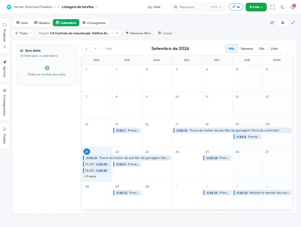 Visão de calendário da Tasskee com as visitas preventivas do contrato distribuídas no mês