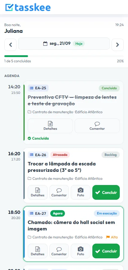 Tela Meu dia da Tasskee no celular, com a rota de visitas do técnico em ordem de horário