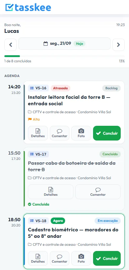 Tela Meu dia da Tasskee no celular, com as visitas do técnico em ordem de horário