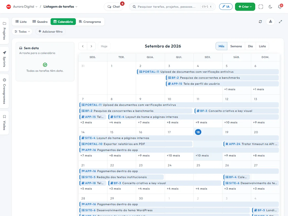 Visão de calendário da Tasskee com as tarefas distribuídas no mês