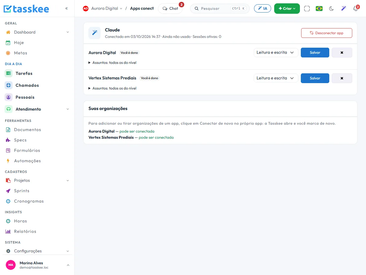 Tasskee Connected apps screen with Claude connected to two organizations