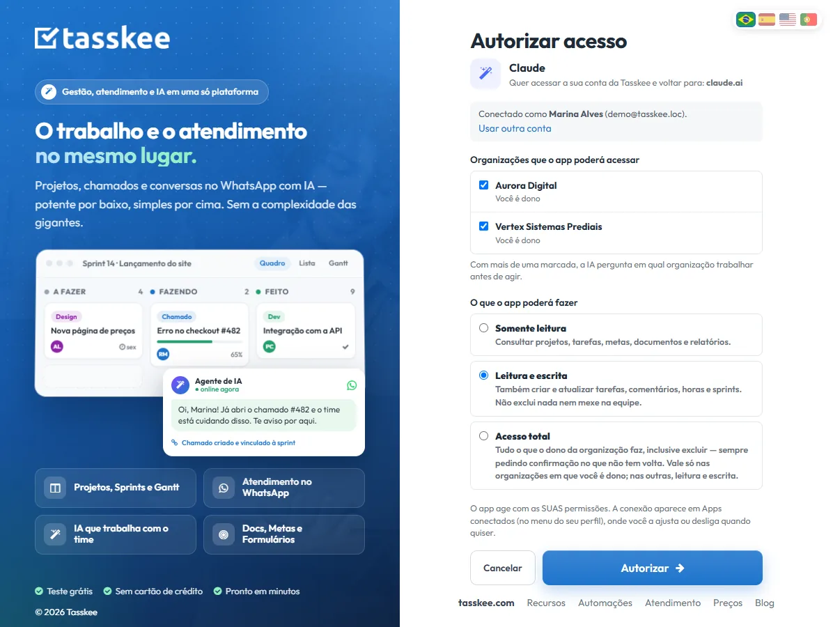 Tasskee screen asking for authorization for Claude to access two organizations, with read and write access