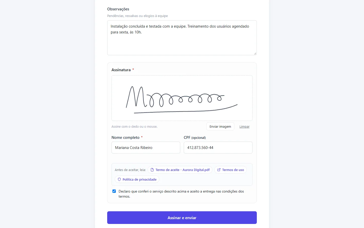Tasskee public form with links to the terms and the signature pad