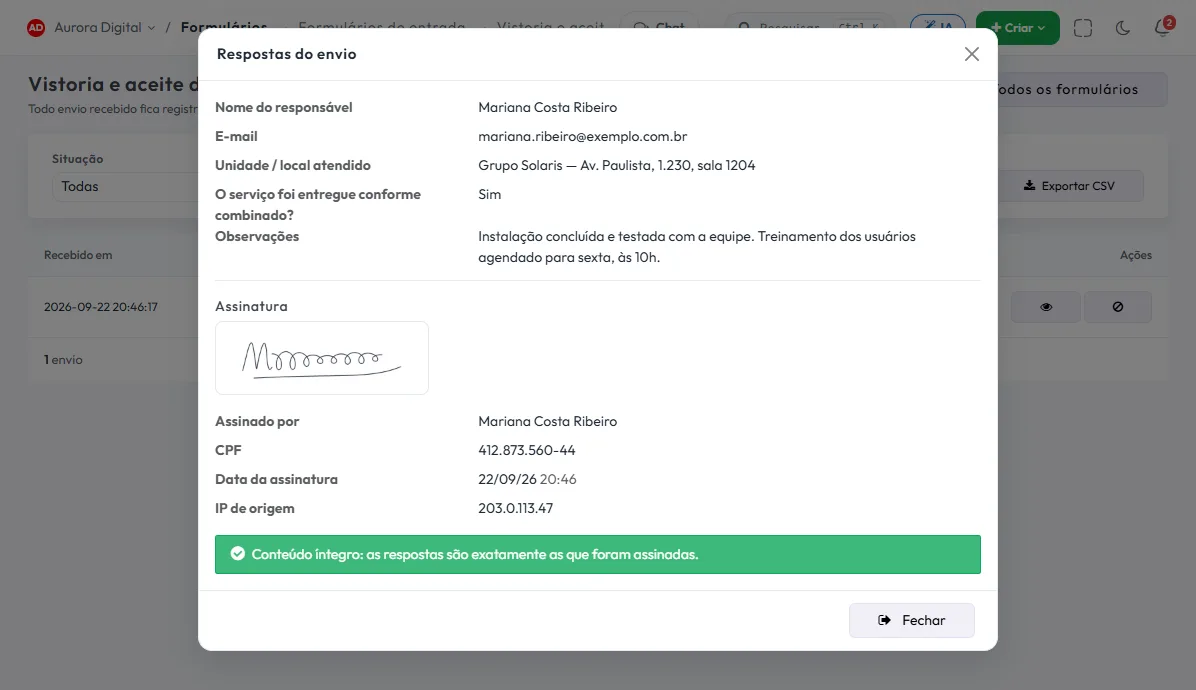 Formulário de aceite assinado da Tasskee, com as respostas, a assinatura e os dados do registro