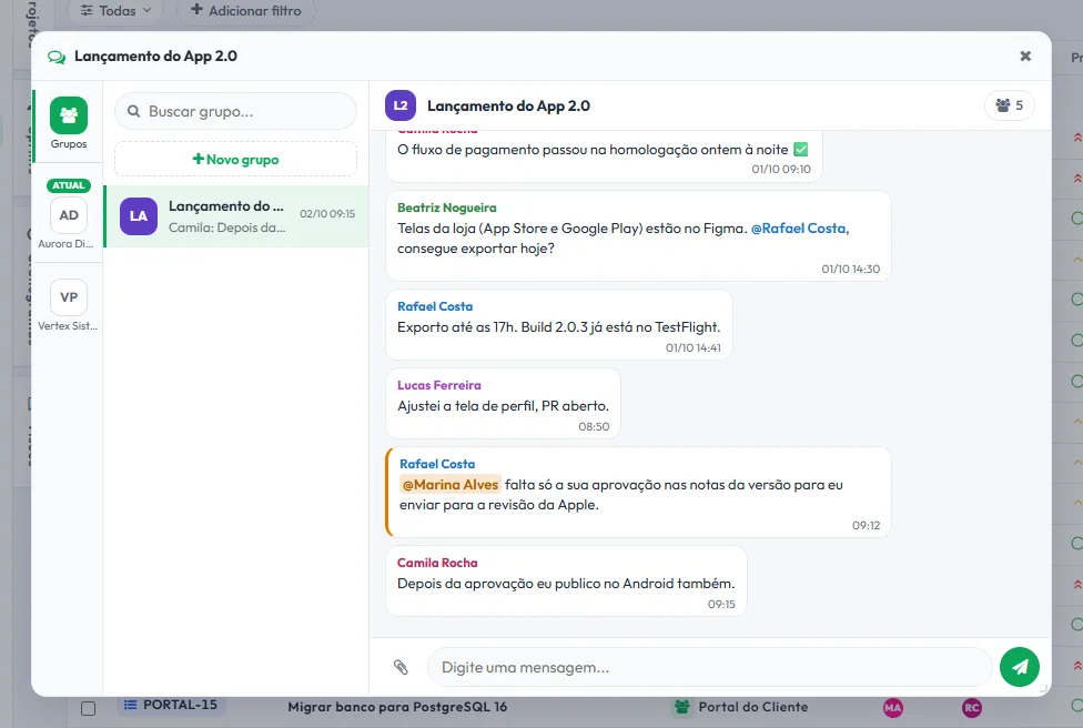 Grupo do chat interno da Tasskee com mensagens da equipa e uma menção destacada