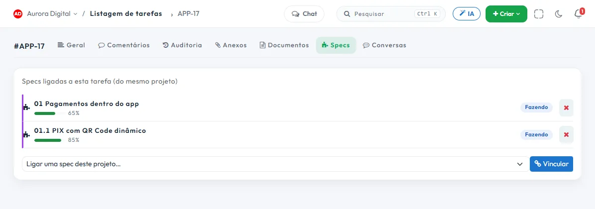 Aba Specs da tarefa APP-17 com duas specs ligadas
